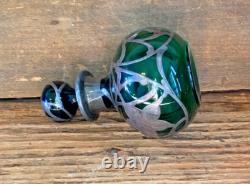 Antique Art Nouveau Green Glass and Sterling Silver Overlay Perfume Bottle 5.5