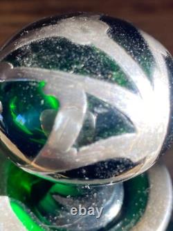 Antique Art Nouveau Green Glass and Sterling Silver Overlay Perfume Bottle 5.5