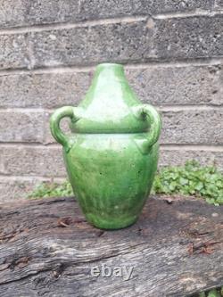 Antique Art Nouveau Green Glazed Pottery Vase French Belgian Stamped