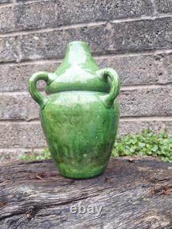 Antique Art Nouveau Green Glazed Pottery Vase French Belgian Stamped