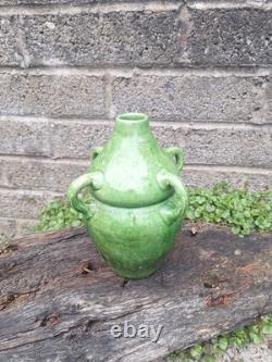 Antique Art Nouveau Green Glazed Pottery Vase French Belgian Stamped