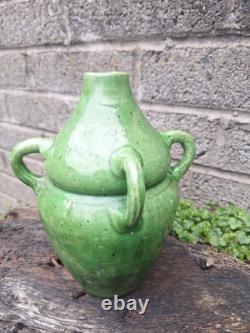 Antique Art Nouveau Green Glazed Pottery Vase French Belgian Stamped