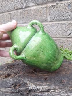 Antique Art Nouveau Green Glazed Pottery Vase French Belgian Stamped