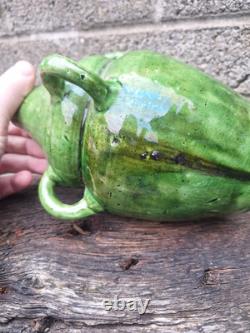 Antique Art Nouveau Green Glazed Pottery Vase French Belgian Stamped
