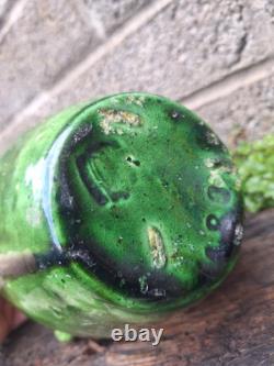 Antique Art Nouveau Green Glazed Pottery Vase French Belgian Stamped