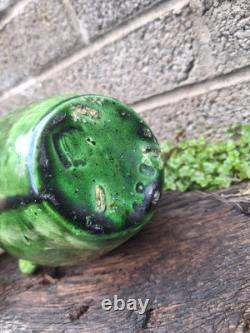 Antique Art Nouveau Green Glazed Pottery Vase French Belgian Stamped