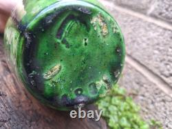 Antique Art Nouveau Green Glazed Pottery Vase French Belgian Stamped