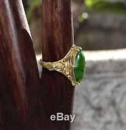 Antique Art Nouveau Green JADEITE Navette Cabochon RING 14K Gold size 4 1/2