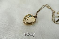 Antique Art Nouveau Green Paste Heart Locket Pendant Gold Lined c1910