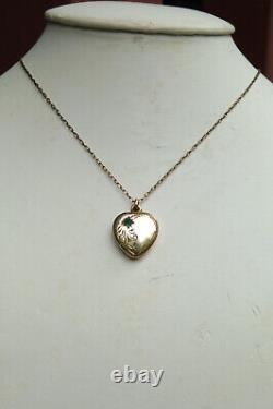 Antique Art Nouveau Green Paste Heart Locket Pendant Gold Lined c1910