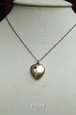 Antique Art Nouveau Green Paste Heart Locket Pendant Gold Lined c1910