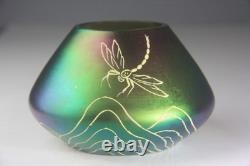 Antique Art Nouveau Green & Purple Iridescent Art Glass Vase with Dragonfly Deco