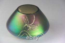 Antique Art Nouveau Green & Purple Iridescent Art Glass Vase with Dragonfly Deco