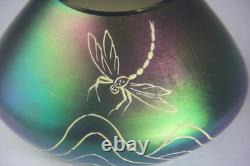 Antique Art Nouveau Green & Purple Iridescent Art Glass Vase with Dragonfly Deco
