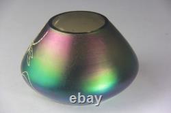 Antique Art Nouveau Green & Purple Iridescent Art Glass Vase with Dragonfly Deco