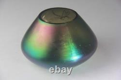 Antique Art Nouveau Green & Purple Iridescent Art Glass Vase with Dragonfly Deco