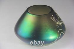 Antique Art Nouveau Green & Purple Iridescent Art Glass Vase with Dragonfly Deco