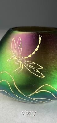 Antique Art Nouveau Green & Purple Iridescent Art Glass Vase with Dragonfly Deco