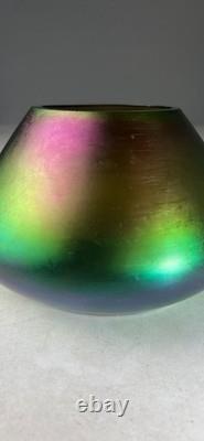 Antique Art Nouveau Green & Purple Iridescent Art Glass Vase with Dragonfly Deco