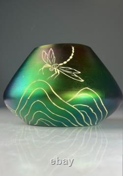 Antique Art Nouveau Green & Purple Iridescent Art Glass Vase with Dragonfly Deco