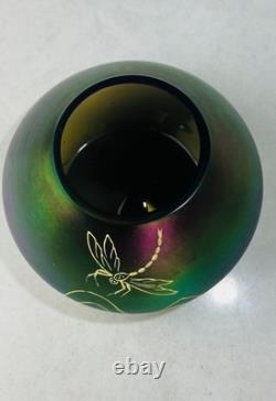 Antique Art Nouveau Green & Purple Iridescent Art Glass Vase with Dragonfly Deco