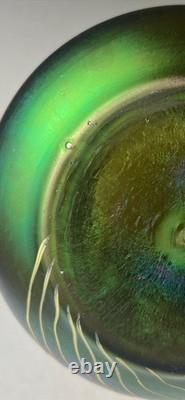 Antique Art Nouveau Green & Purple Iridescent Art Glass Vase with Dragonfly Deco