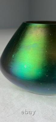 Antique Art Nouveau Green & Purple Iridescent Art Glass Vase with Dragonfly Deco