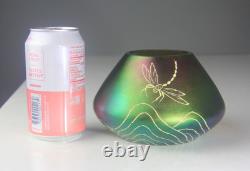 Antique Art Nouveau Green & Purple Iridescent Art Glass Vase with Dragonfly Deco