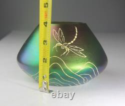 Antique Art Nouveau Green & Purple Iridescent Art Glass Vase with Dragonfly Deco