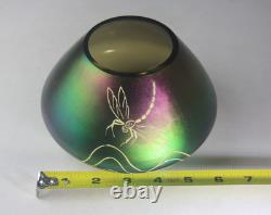 Antique Art Nouveau Green & Purple Iridescent Art Glass Vase with Dragonfly Deco