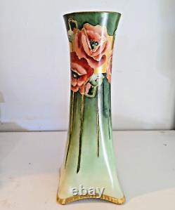 Antique Art Nouveau Heinrich & Co Selb Bavaria Green Hand Painted Poppy Vase