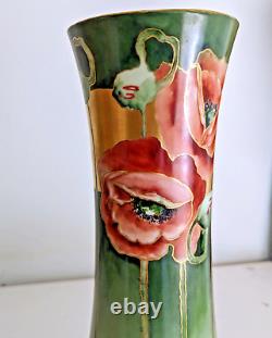 Antique Art Nouveau Heinrich & Co Selb Bavaria Green Hand Painted Poppy Vase