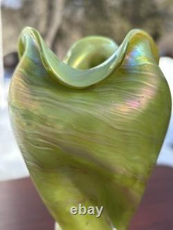 Antique Art Nouveau Iridescent Art Glass Josef Rindskopf Green Opal Vase