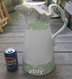Antique Art Nouveau Ironstone Water Pitcher-HUGE-13 1/2in. Seafoam Green Scroll