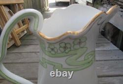Antique Art Nouveau Ironstone Water Pitcher-HUGE-13 1/2in. Seafoam Green Scroll