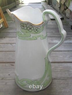 Antique Art Nouveau Ironstone Water Pitcher-HUGE-13 1/2in. Seafoam Green Scroll