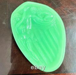 Antique Art Nouveau Jade Glass Uranium Small Dish Tray by Reich Two Nude Women