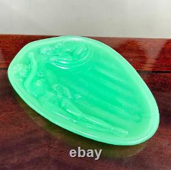 Antique Art Nouveau Jade Glass Uranium Small Dish Tray by Reich Two Nude Women
