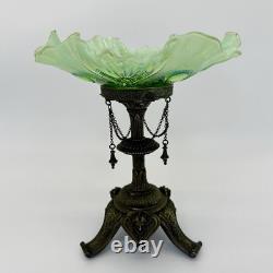 Antique Art Nouveau Jefferson Green Glass Centerpiece Bowl On Ornate Brass Stand