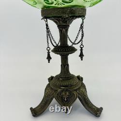 Antique Art Nouveau Jefferson Green Glass Centerpiece Bowl On Ornate Brass Stand