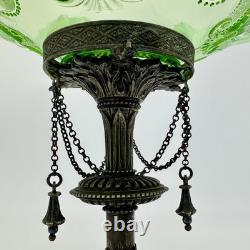 Antique Art Nouveau Jefferson Green Glass Centerpiece Bowl On Ornate Brass Stand