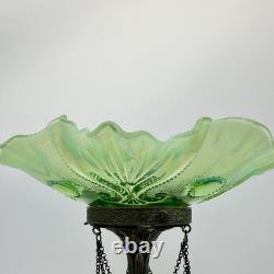Antique Art Nouveau Jefferson Green Glass Centerpiece Bowl On Ornate Brass Stand