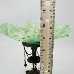 Antique Art Nouveau Jefferson Green Glass Centerpiece Bowl On Ornate Brass Stand
