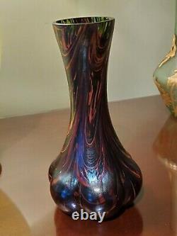 Antique Art Nouveau Josef Rindskopf green glass vase with green and red swirls