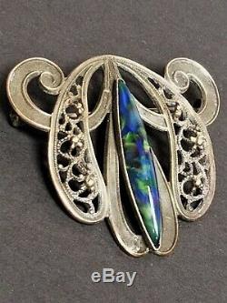 Antique Art Nouveau Jugendstil Brass Blue & Green Art Glass Brooch C-Clasp