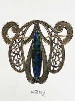 Antique Art Nouveau Jugendstil Brass Blue & Green Art Glass Brooch C-Clasp