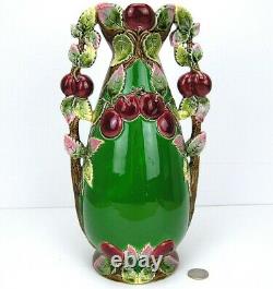 Antique Art Nouveau Jugendstil Majolica Vase Eichwald 46 Cherries Green Red