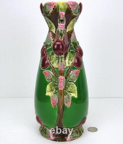 Antique Art Nouveau Jugendstil Majolica Vase Eichwald 46 Cherries Green Red