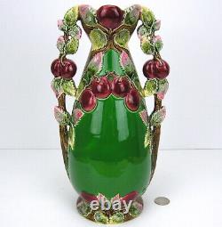 Antique Art Nouveau Jugendstil Majolica Vase Eichwald 46 Cherries Green Red