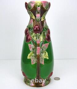 Antique Art Nouveau Jugendstil Majolica Vase Eichwald 46 Cherries Green Red